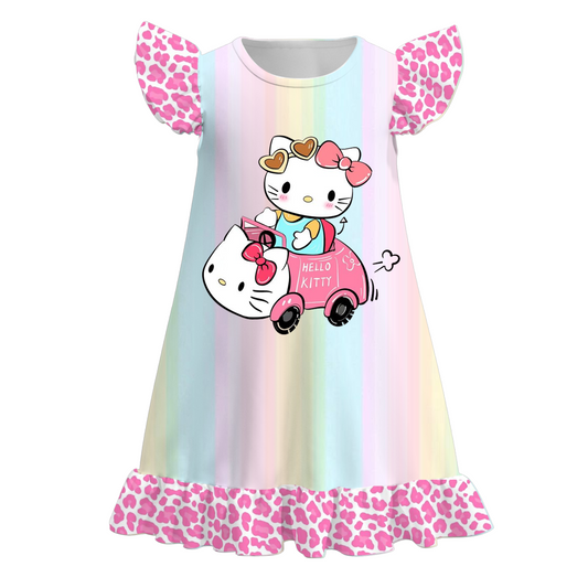 (Custom Design Preorder MOQ 5)  Cartoon Cat Print Girls Knee Length Summer Dress