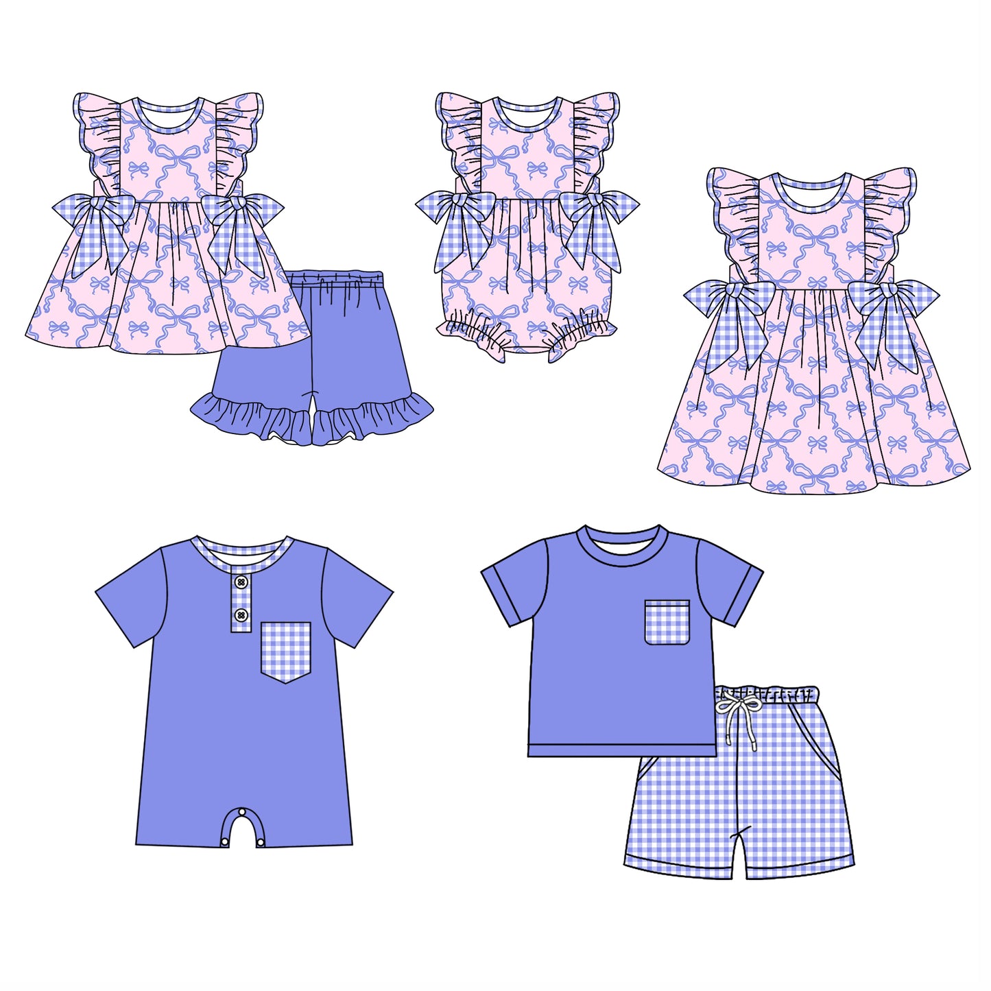 12.10(Custom Design Preorder MOQ 5 Each Design) Purple Bows Plaid Print Kids Summer Matching Clothes Sibling Wear