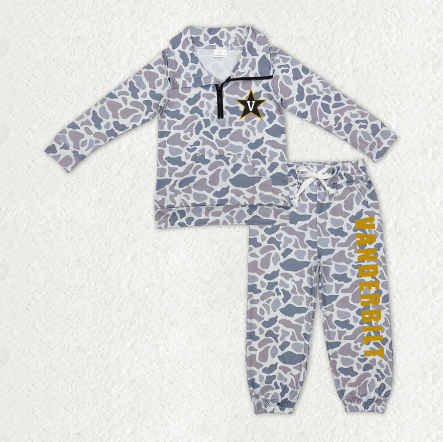 (Custom Design Preorder MOQ 5) Team's Vanderbilt Grey Camo Zipper Top Pockets Pants Boys Fall Clothes Set