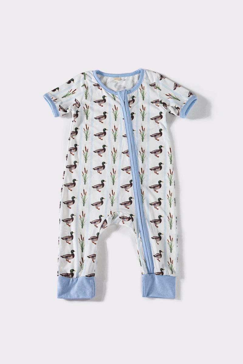 (Custom Design Preorder MOQ 5) Duck Blue Print Baby Fall Sleeper Zipper Romper