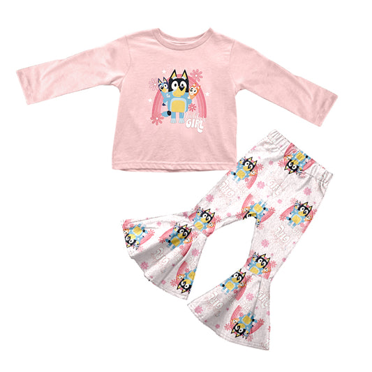 (Custom Design MOQ 5) Cartoon Dog Daddy's Girl Pink Rainbow Print Girls Clothes Set