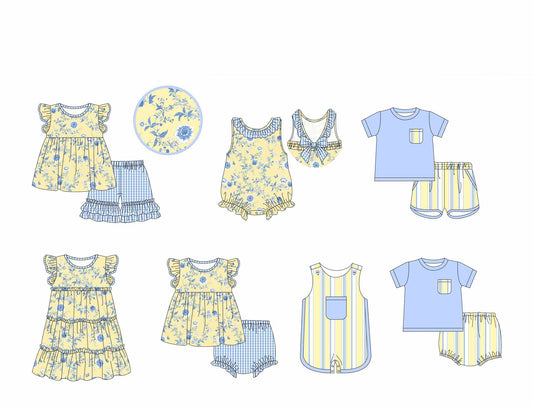 3.10(Custom Design Preorder MOQ 5 Each Design) Flowers Yellow Blue Print Kids Summer Matching Clothes Sibling Wear