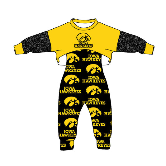 (Custom Design Preorder MOQ 5) Team's IOWA HAWKEYES Print Jumpsuits Girls Fall Clothes Set