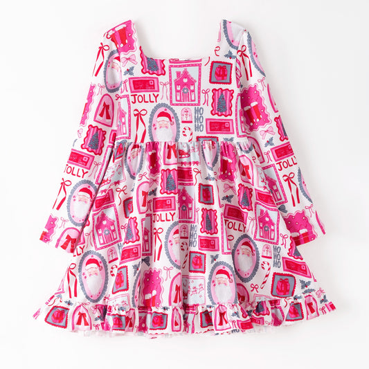 (Custom Design Preorder MOQ 5 ) JOLLY Bows Santa HOHOHO Pink Print Girls Christmas Knee Length Dress