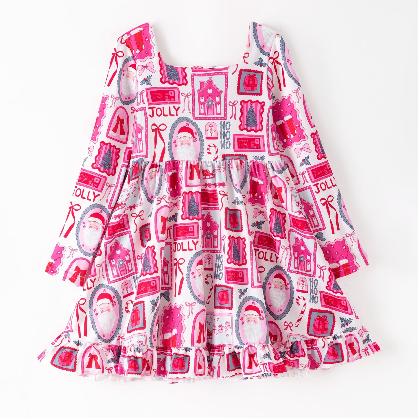 (Custom Design Preorder MOQ 5 ) JOLLY Bows Santa HOHOHO Pink Print Girls Christmas Knee Length Dress