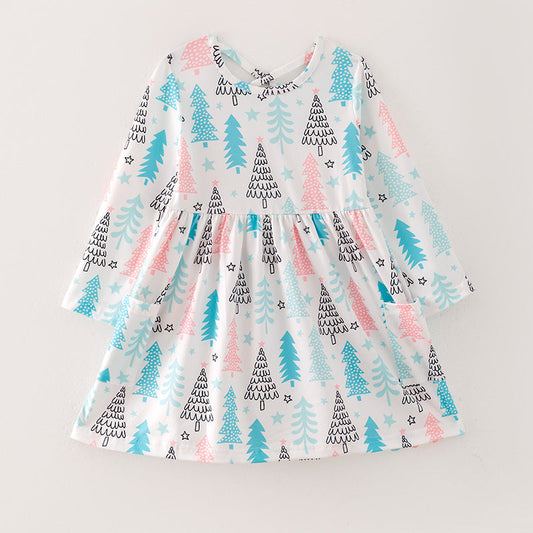 (Custom Design Preorder MOQ 5)  Blue Tree Print Girls Christmas Knee Length Dress