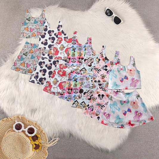 Cartoon Mouse Tank Top Skirts Shorts Girls Summer Yoga Outfits Sisters Wear