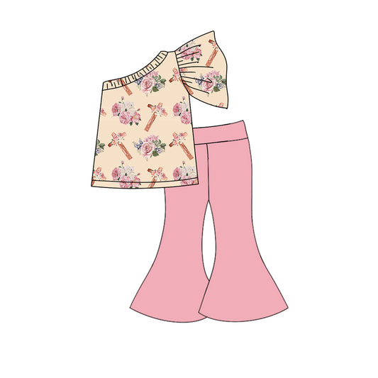 (Custom Design Preorder MOQ 5) Cross Flowers Top Pink Bell Pants Girls Easter Clothes Set