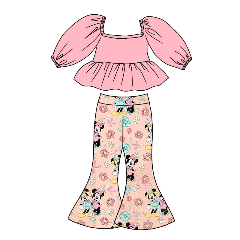 (Custom Design Preorder MOQ 5) Pink Top Cartoon Mouse Flowers Bell Pants Girls Easter Clothes Set