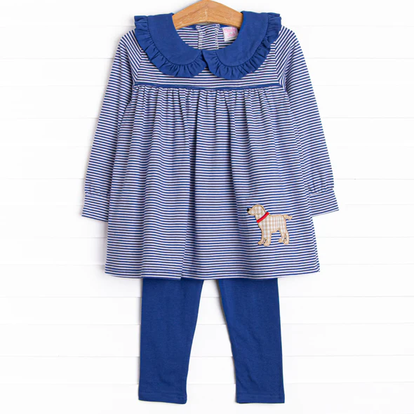 (Custom Design Preorder MOQ 5) Dog Stripes Tunic Top Blue Pants Girls Fall Clothes Set