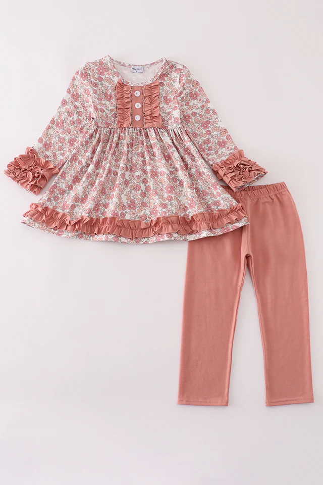 (Custom Design Preorder MOQ 5) Pink Flowers Tunic Top Legging Pants Girls Fall Clothes Set