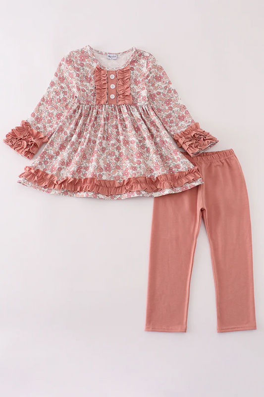 (Custom Design Preorder MOQ 5) Pink Flowers Tunic Top Legging Pants Girls Fall Clothes Set