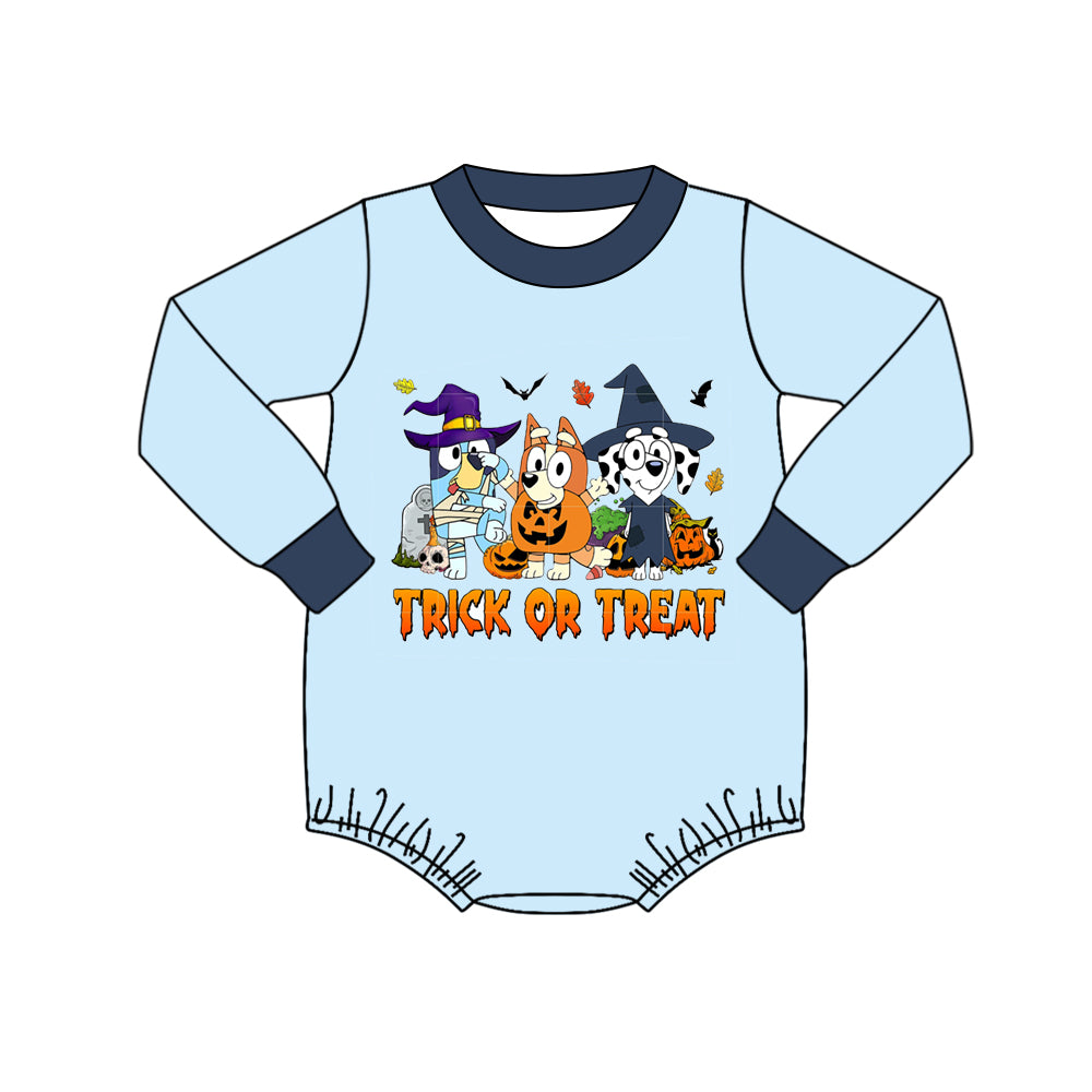 (Custom Design Preorder MOQ 5) Cartoon Dog TRICK OR TREAT Print Baby Halloween Romper