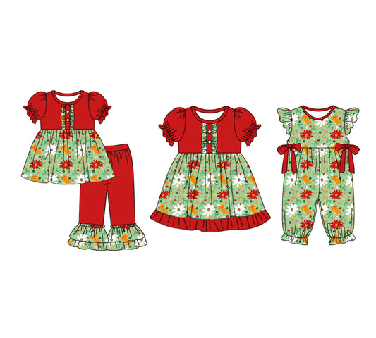 5.5(Custom Design Preorder MOQ 5 Each Design) Bows Flowers Print Girls Matching Clothes Sisters Wear
