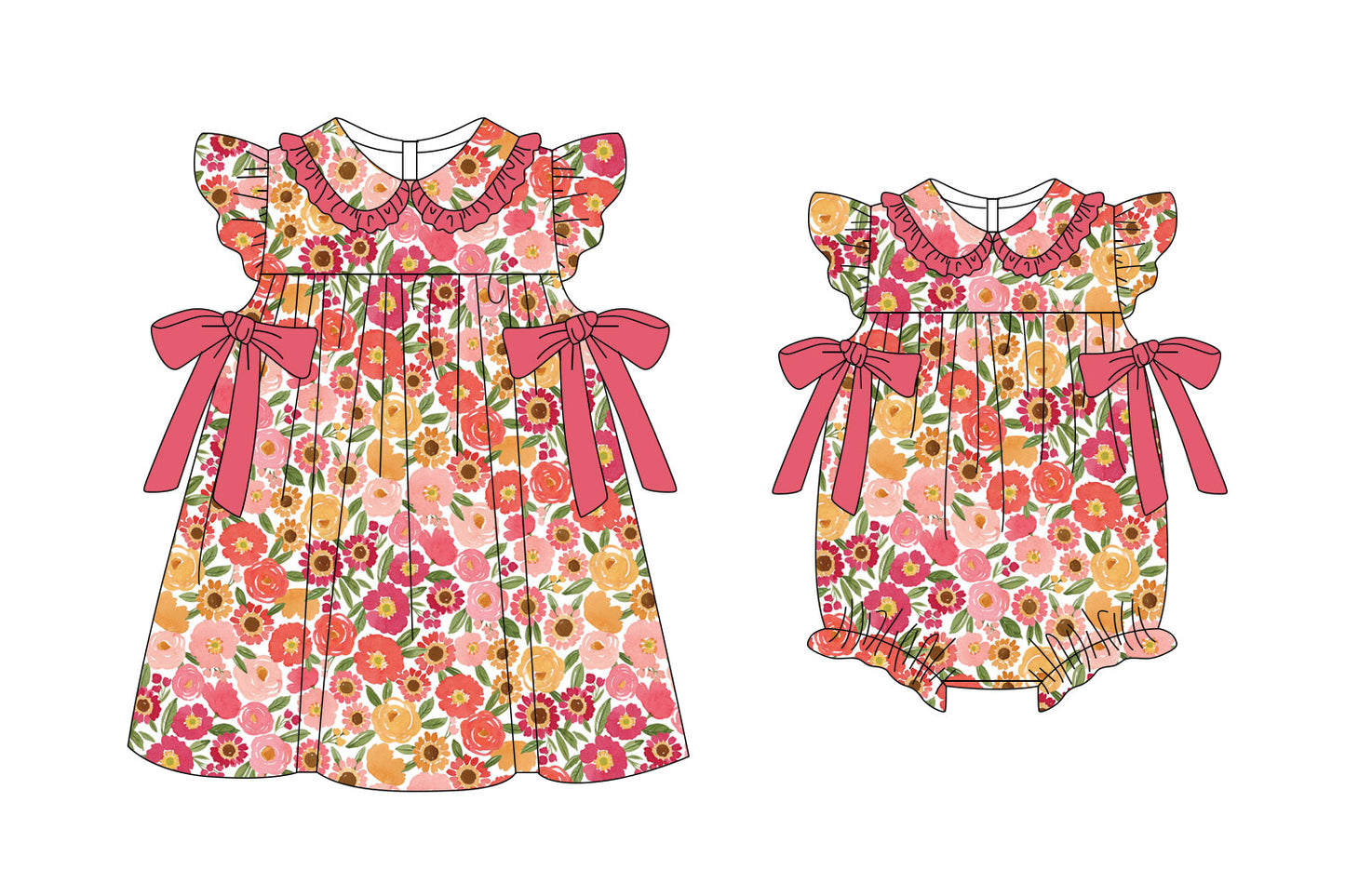 11.6(Custom Design Preorder MOQ 5 Each Design) Pink Orange Flowers Print Girls Summer Matching Clothes Sisters Wear