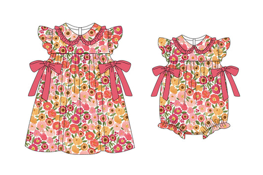 11.6(Custom Design Preorder MOQ 5 Each Design) Pink Orange Flowers Print Girls Summer Matching Clothes Sisters Wear