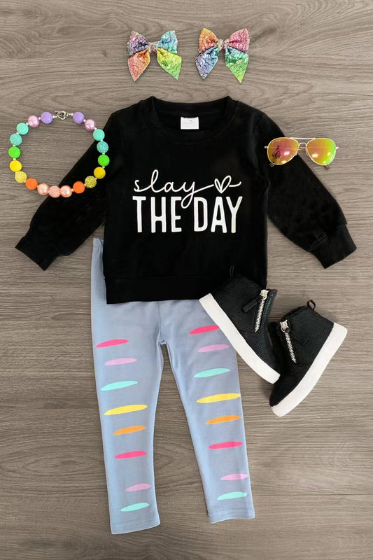 (Custom Design Preorder MOQ 5) Stay The Day Black Top Hole Legging Pants Girls Clothes Set