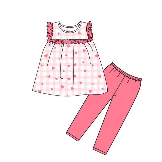 (Custom Design Preorder MOQ 5) Heart Plaid Top Pink Legging Pants Girls Valentine's Day Clothes Set
