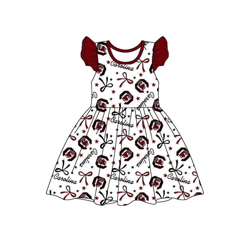 (Custom Design Preorder MOQ 5) Team's Gamecock Carolina Bows Print Girls Knee Length Dress