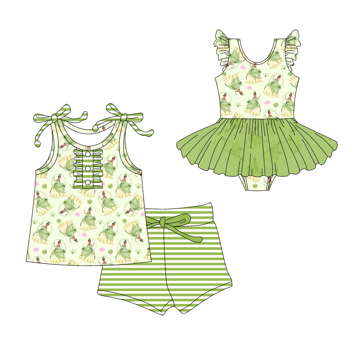 3.10(Custom Design Preorder MOQ 5 Each Design) Cartoon Princess Frog Green Print Girls Summer Matching Clothes Sisters Wear