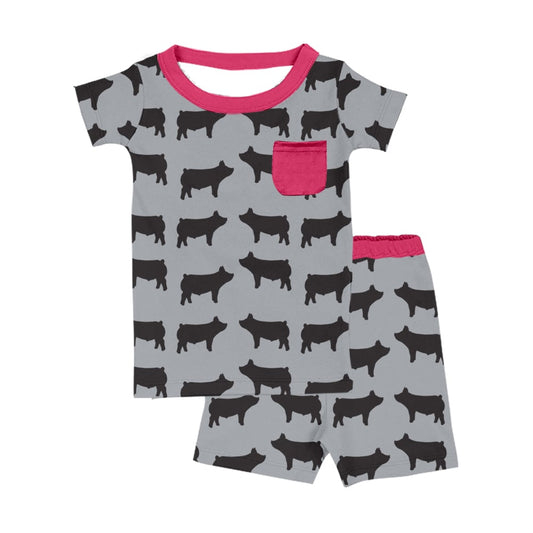 (Custom Design Preorder MOQ 5) Pig Grey Print Girls Summer Pajamas Clothes Set