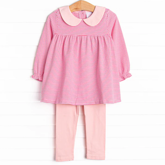 (Custom Design Preorder MOQ 5) Pink Stripes Tunic Top Legging Pants Girls Fall Clothes Set