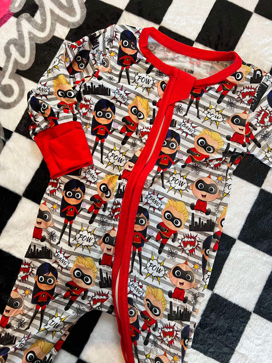 (Custom Design Preorder MOQ 5) Cartoon Figure POW Print Baby Fall Bamboo Sleeper Zipper Romper