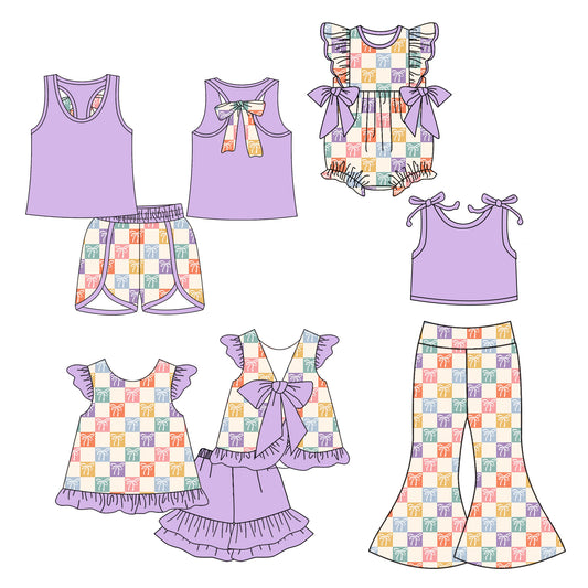 5.5(Custom Design Preorder MOQ 5 Each Design) Colorful Plaid Bows Print Girls Summer Matching Clothes Sisters Wear