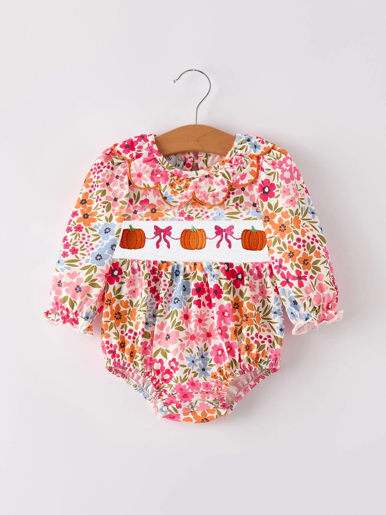 (Custom Design Preorder MOQ 5) Pumpkin Flowers Print Baby Girls Fall Bubble Romper