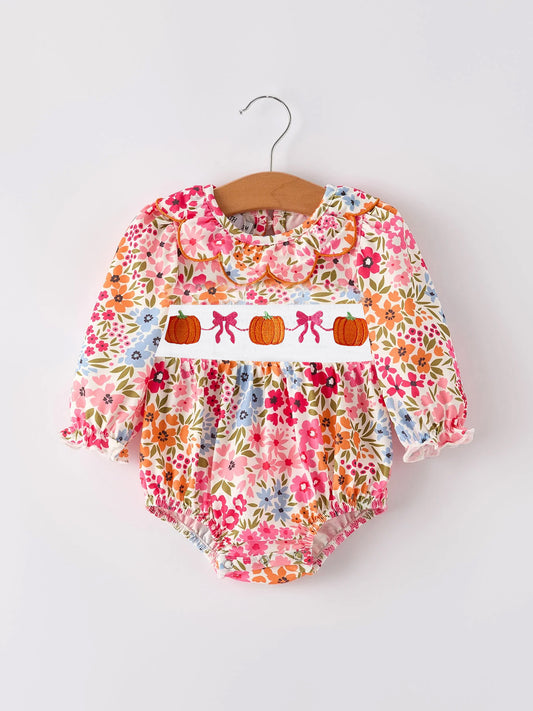 (Custom Design Preorder MOQ 5) Pumpkin Flowers Print Baby Girls Fall Bubble Romper