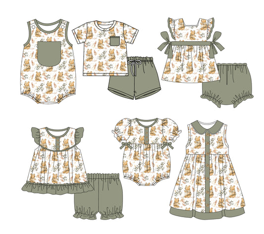 3.3(Custom Design Preorder MOQ 5 Each Design) Cartoon Bear Pooh Print Kids Summer Matching Clothes Sibling Wear