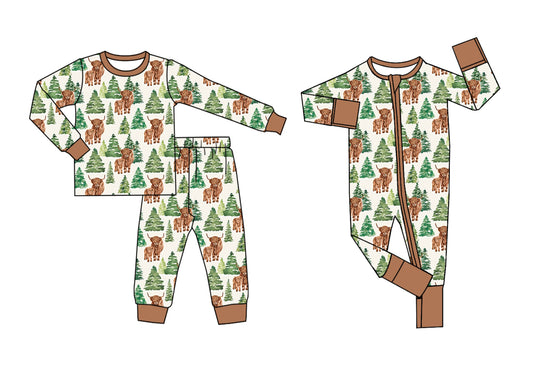 5.24(Custom Design Preorder MOQ 5 Each Design) Highland Cow Tree Print Kids Fall Pajamas Matching Clothes Brothers Wear