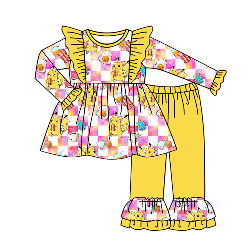 (Custom Design Preorder MOQ 5) Cartoon Animals Plaid Tunic Top Yellow Pants Girls Fall Clothes Set