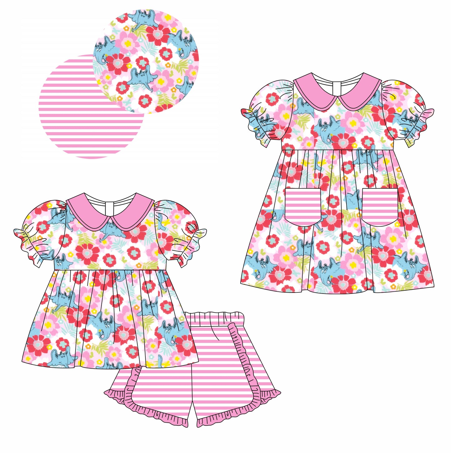 11.12(Custom Design Preorder MOQ 5 Each Design) Dr.Reading Elephant Flowers Print Girls Summer Matching Clothes Set Sisters Wear