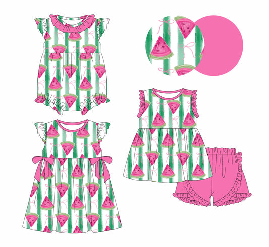 1.3(Custom Design Preorder MOQ 5 Each Design) Watermelon Bows Print Girls Summer Matching Clothes Sisters Wear