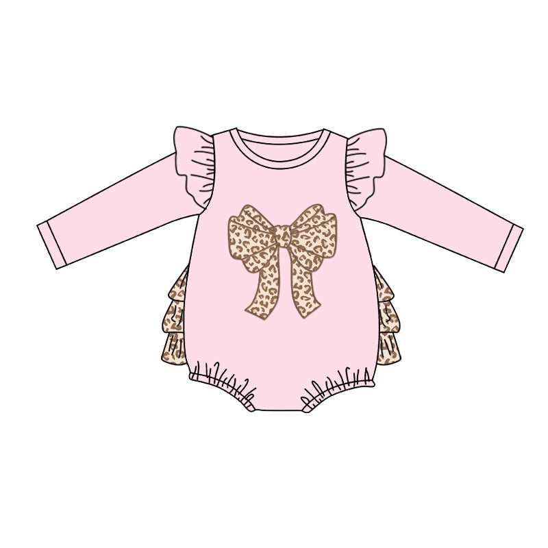 (Custom Design Preorder MOQ 5) Leopard Bow Pink Print Baby Girls Long Sleeve Bubble Romper