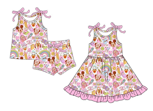 4.16(Custom Design Preorder MOQ 5 Each Design) Cartoon Mouse Plaid Rainbow Print Girls Summer Matching Clothes Sisters Wear