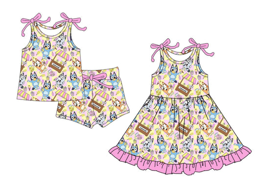 4.16(Custom Design Preorder MOQ 5 Each Design) Cartoon Dog Popsicle Print Girls Summer Matching Clothes Sisters Wear