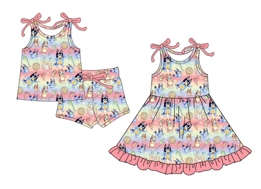 4.16(Custom Design Preorder MOQ 5 Each Design) Cartoon Dog Sunshine Print Girls Summer Matching Clothes Sisters Wear