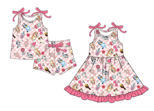 4.16(Custom Design Preorder MOQ 5 Each Design) Cartoon Dog Plaid Popsicle Print Girls Summer Matching Clothes Sisters Wear