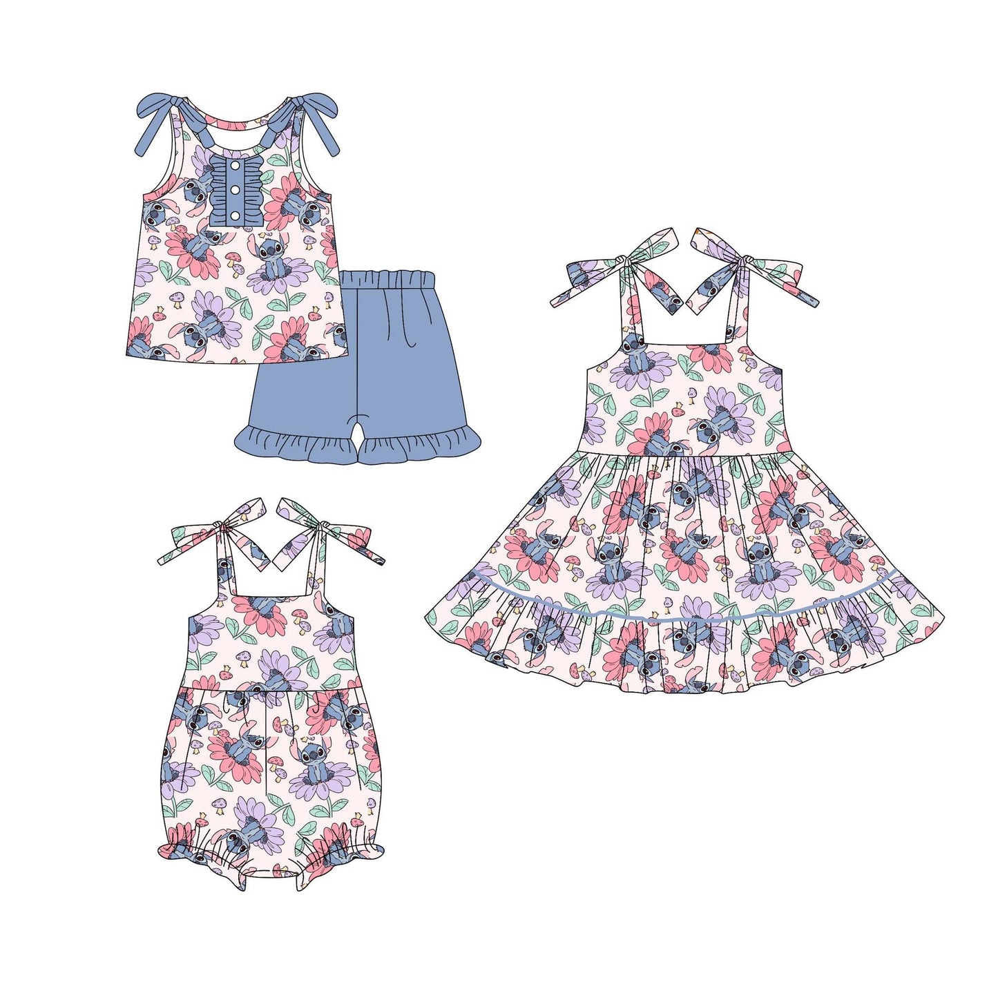 4.16(Custom Design Preorder MOQ 5 Each Design) Cartoon Stitc* Flowers Print Girls Summer Matching Clothes Sisters Wear