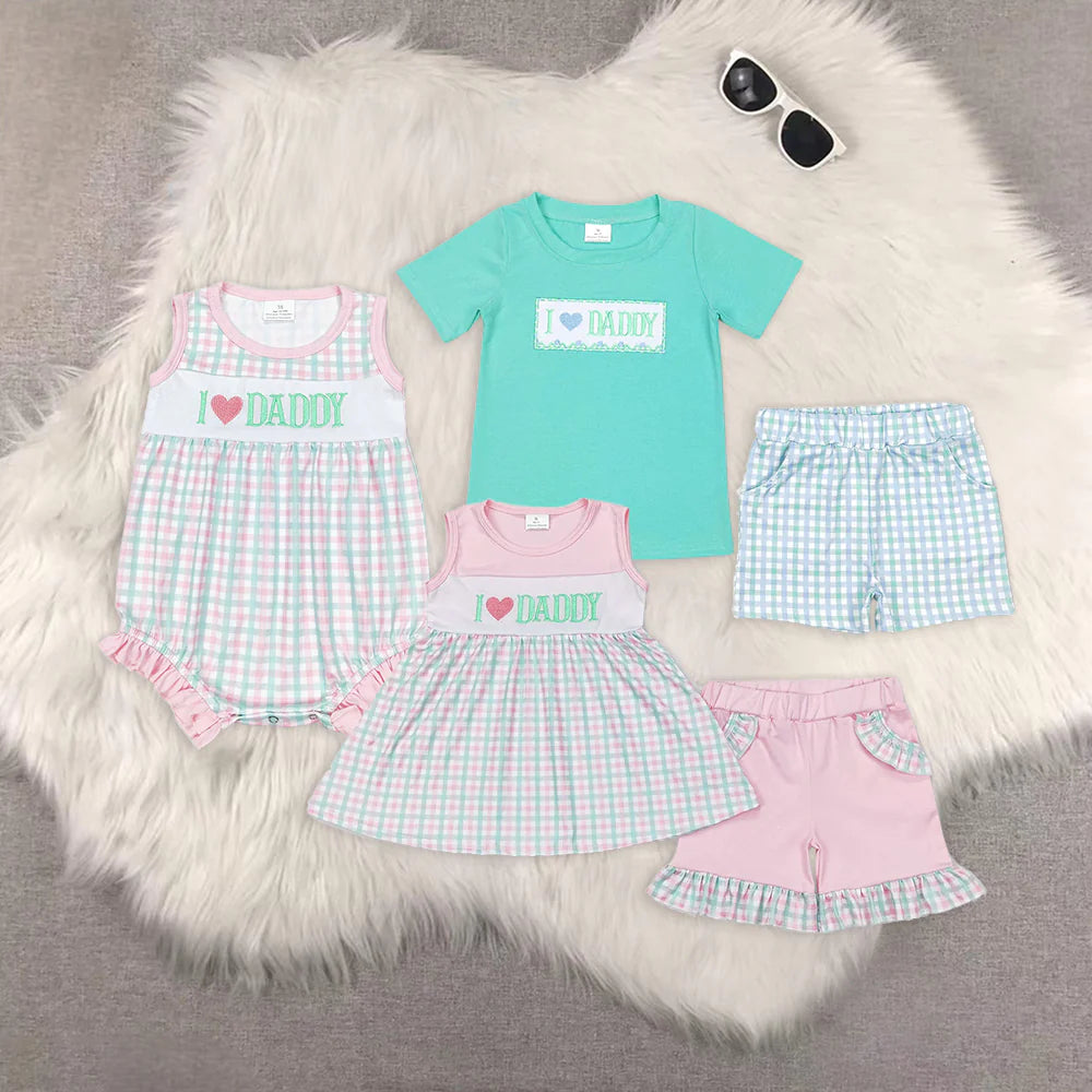 I LOVE DADDY Embroidery Plaid Print Sibling Summer Matching Clothes