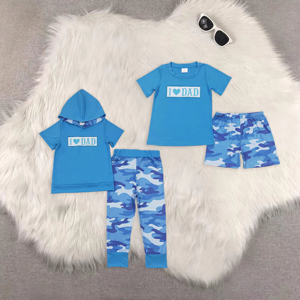I LOVE DAD Embroidery Top Blue Camo Shorts & Pants Boys Clothes Set Brothers Wear