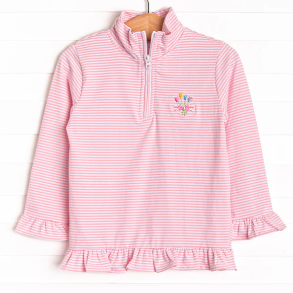 (Custom Design Preorder MOQ 5 ) Flowers Pink Stripes Print Girls Zipper Long Sleeve Pullover Top