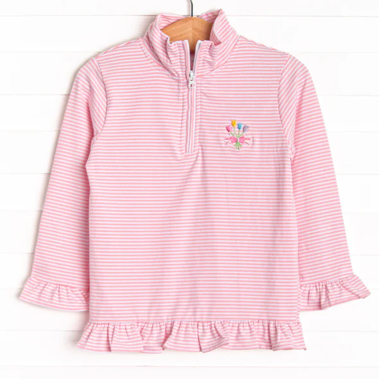 (Custom Design Preorder MOQ 5 ) Flowers Pink Stripes Print Girls Zipper Long Sleeve Pullover Top
