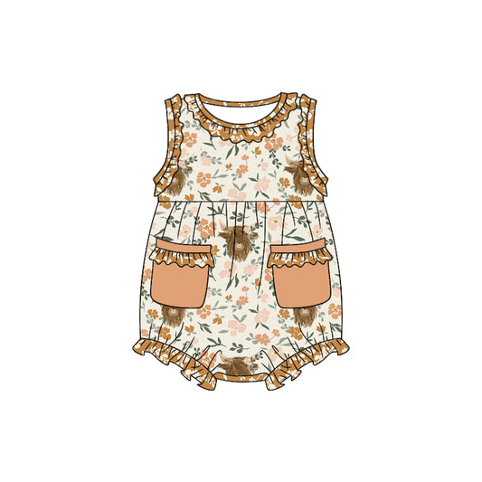 (Custom Design Preorder MOQ 5) Brown Flowers Highland Cow Print Baby Girls Summer Romper
