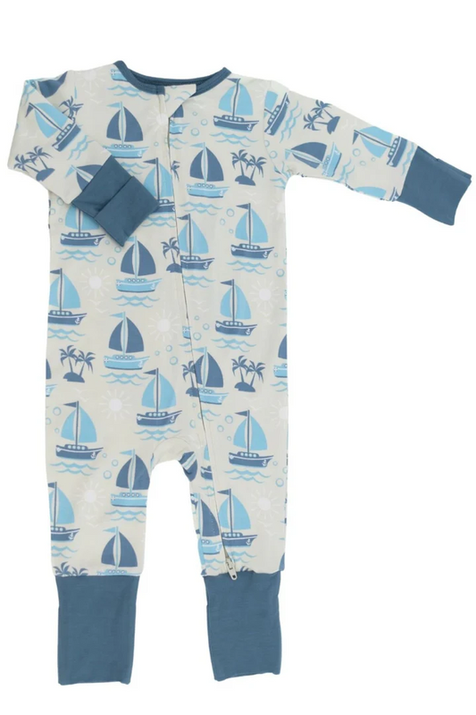 (Custom Design Preorder MOQ 5)  Sailboat Blue Print Baby Boys Bamboo Sleeper Zipper Romper