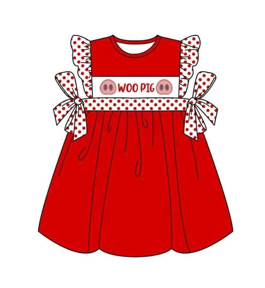 (Custom Design Preorder MOQ 5)  WOO Pig Red Print Girls Knee Length Dress