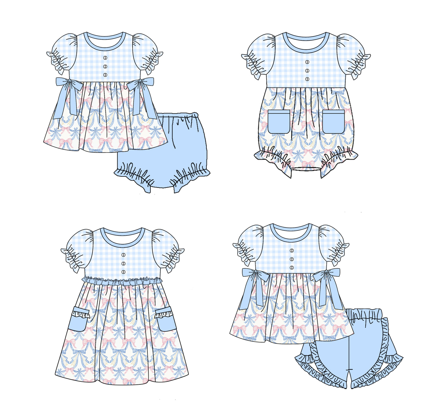 11.18(Custom Design Preorder MOQ 5 Each Design) Blue Bows Print Girls Summer Matching Clothes Sibling Wear