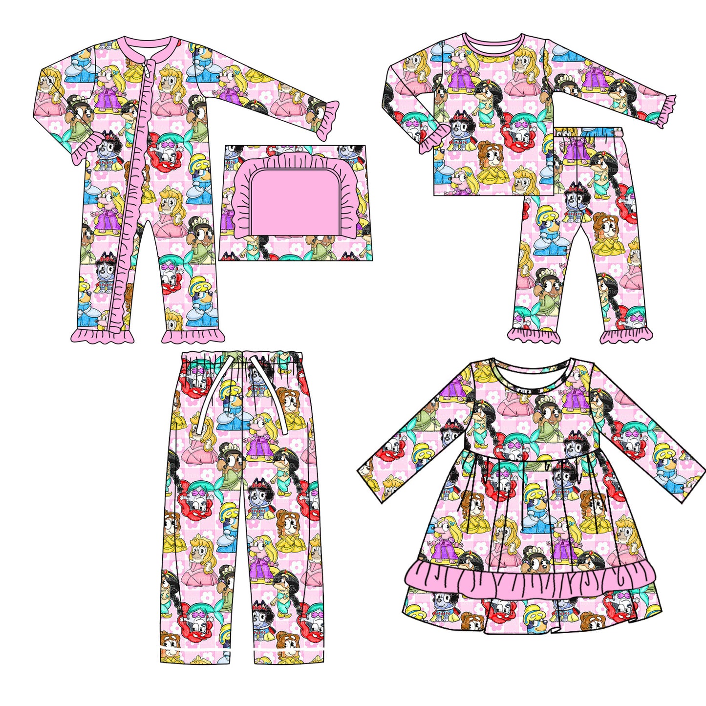 (Custom Design Preorder MOQ 5) Cartoon Dog Princess Print Girls Bamboo Pajamas Clothes Set